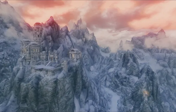 Снег, горы, руины, Skyrim, The Elder Scrolls V Skyrim, Скайрим, Древние Свитки