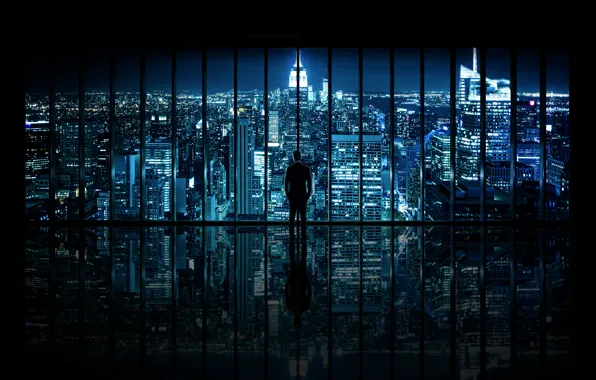 Картинка ночь, город, вид, окно, мужчина, The Dark Knight, New York City, Window to Gotham City