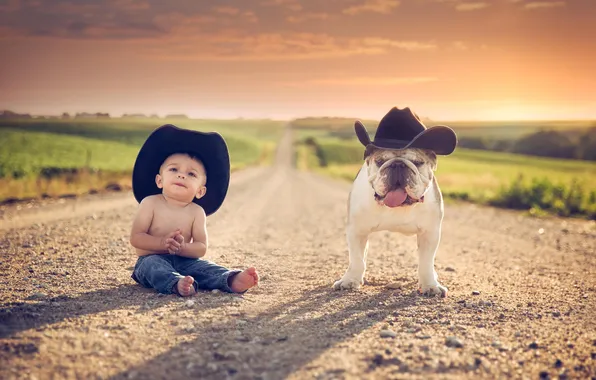 Картинка дорога, собака, мальчик, друзья, шляпы