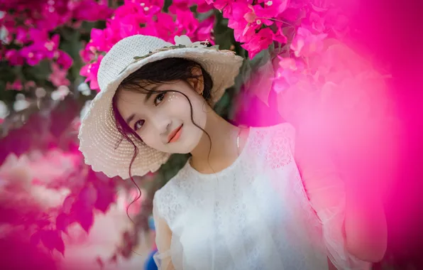 Красота, азиатка, белое платье, brown eyes, розовые цветы, beauty, карие глаза, очарование
