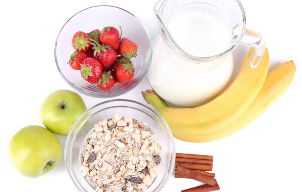 Картинка хлопья, cereals, мюсли с молоком и фруктами и свежими ягодами, Здоровый завтрак, A healthy Breakfast, …
