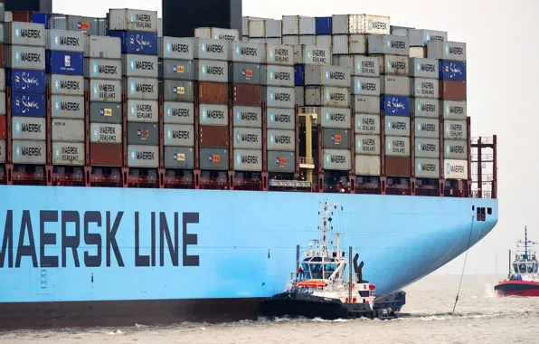 Море, Борт, Контейнеровоз, Два, Контейнера, Maersk, Maersk Line, Буксир