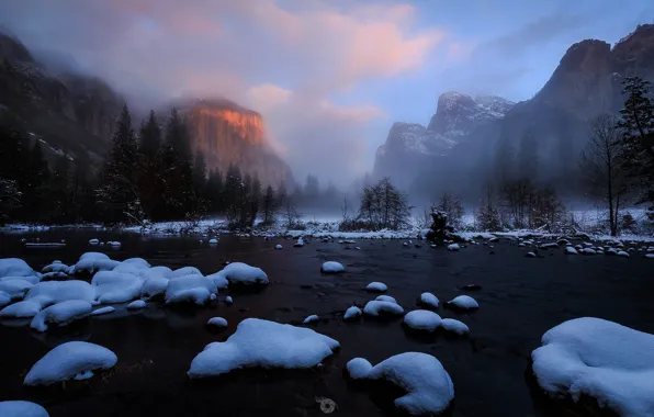 Картинка зима, снег, горы, природа, река