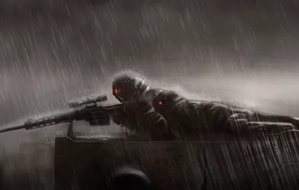 Картинка дождь, арт, лежит, снайпер, rain, позиция, снайперская винтовка, Sniper