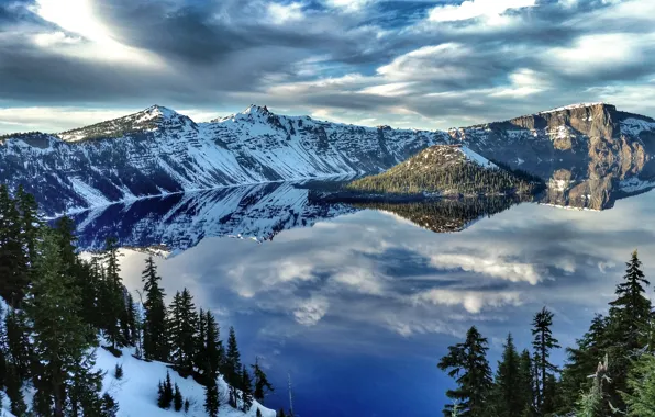 Картинка зима, вода, снег, деревья, горы, озеро, отражение, США