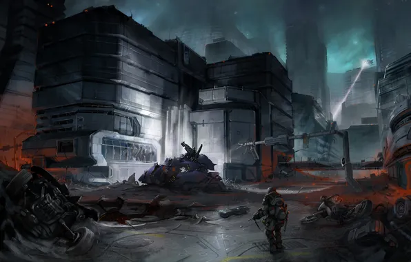 Картинка город, оружие, корабль, луч, воин, арт, мужчина, Halo 3