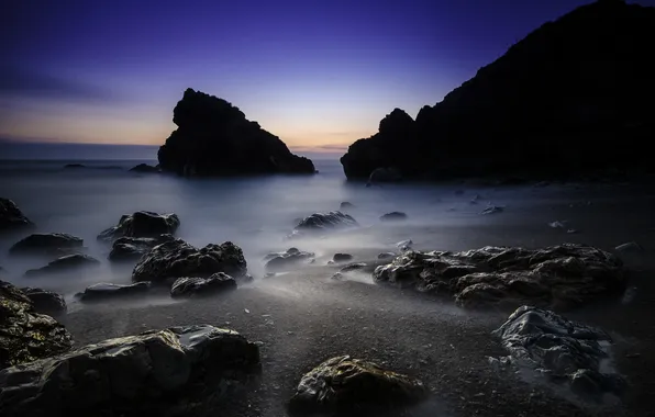 Картинка море, пляж, скалы, рассвет, берег, сумерки, Asturias, Oviñana