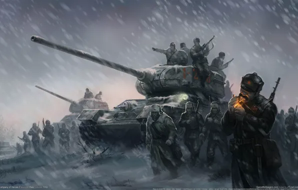Картинка зима, обои, солдаты, герои, метель, soldiers, поле боя, танки