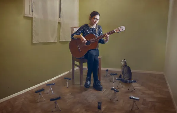 Кошка, девушка, музыка, гитара