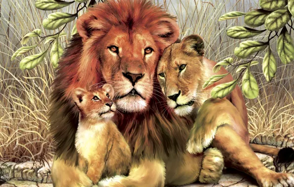 Картинка leaves, Lions, family