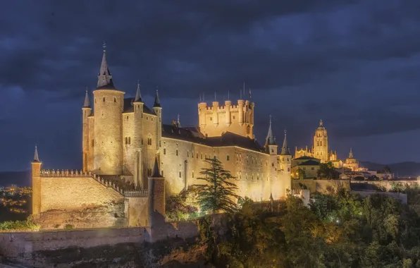 Картинка ночь, замок, подсветка, Испания, Алькасар, Сеговия