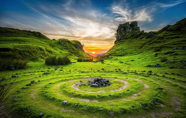Небо, круги, скалы, рассвет, Sky, Grass, Stones, Sunrises