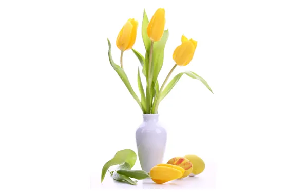 Картинка цветы, яйца, желтые, Пасха, тюльпаны, белая, ваза