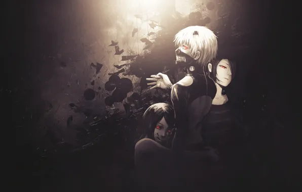 Anime, art, токийский гуль, Tokyo Ghoul, Ken Kaneki, Kirishima Touka, Rize Kamishiro