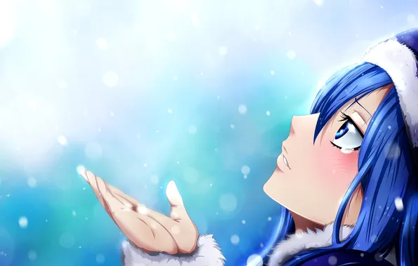 Зима, девушка, снег, шапка, рука, арт, Fairy Tail, Hiro Mashima
