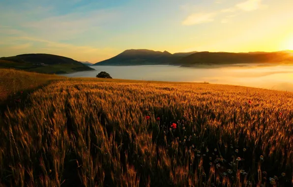 Картинка sky, landscape, nature, sunset, mountains, lake, sun, hills