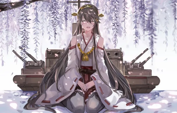 Улыбка, пушки, танк, кимоно, жрица, длинные волосы, Kantai Collection, Флотская Коллекция