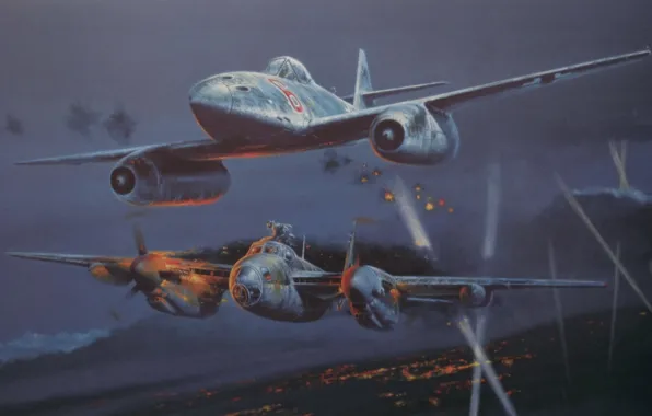 Картинка war, art, painting, aviation, ww2, night fighter, De Havilland Mosquito, Messerschmitt Me 262