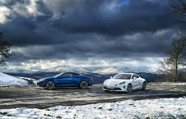 Зима, авто, небо, снег, горы, Renault, Alpine, A110