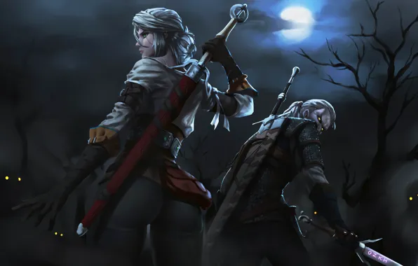Ночь, ведьмак, геральт из ривии, игровой арт, the witcher 3 wild hunt, geralt of rivia, …