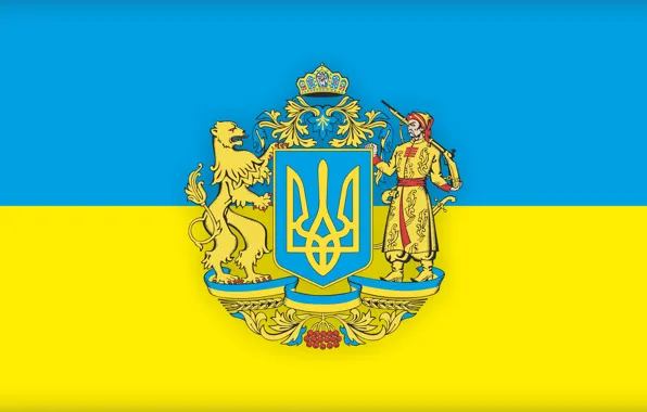 Картинка желтый, фон, голубой, флаг, герб, Украина, геральдика, трезуб