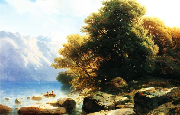 Картинка пейзаж, камни, лодка, картина, Александр Калам, Alexandre Calame, Озеро Тен