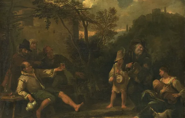 Масло, картина, холст, Веселая компания, 1702, Dirck Helmbreeker, Дирк Теодор Хельмбрекер