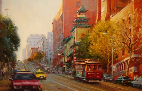 Картинка осень, закат, картина, вечер, арт, трамвай, такси, пагода