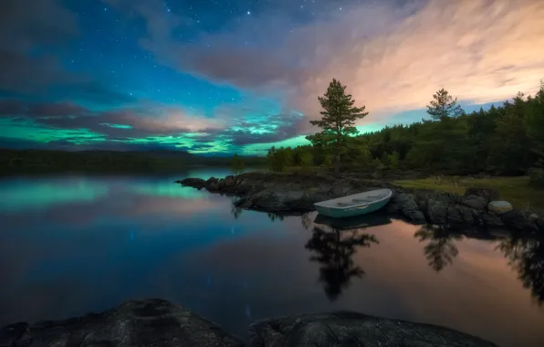 Картинка пейзаж, природа, озеро, отражение, камни, рассвет, лодка, Ole Henrik Skjelstad