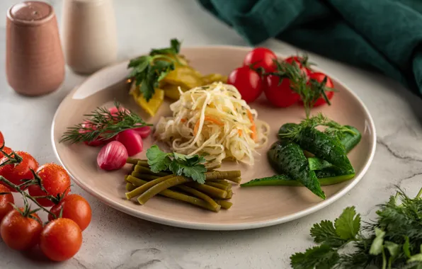 Зелень, овощи, томат, капуста, редис