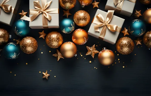 Украшения, темный фон, шары, Новый Год, Рождество, dark, подарки, golden
