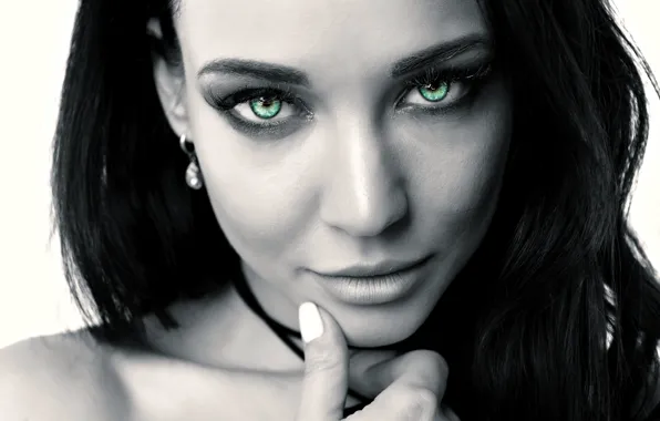 Black & white, girl, green eyes, long hair, photo, monochrome, model, lips