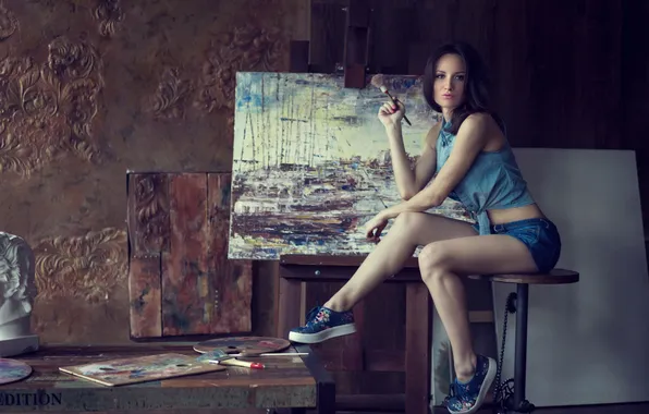 Картинка Girl, Legs, Beautiful, Picture, Oil, Hair, Drawing, Paintbrush