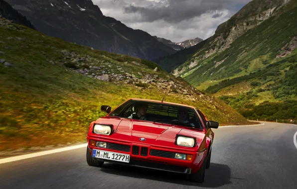 Картинка дорога, горы, красный, BMW, BMW M1, E26, M1