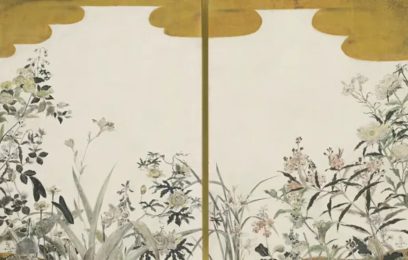 Картинка 1940, Цугухару, Фудзита, Цветы (две панели ширмы), масло и сусальное золото