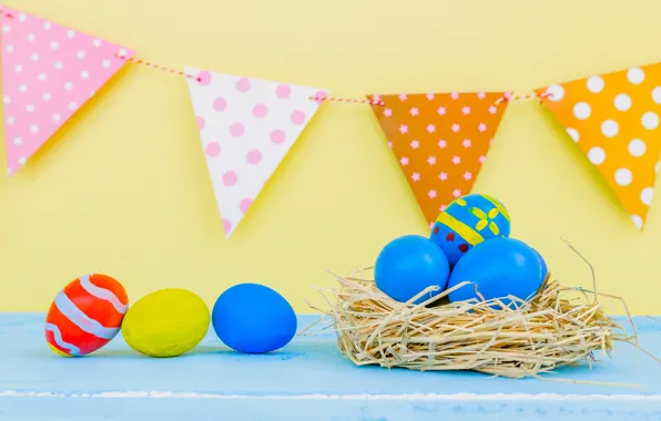 Праздник, яйца, пасха, гнездо, солома, гирлянда, флажки, Easter