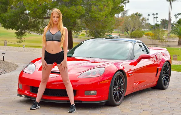 Car, red, wheels, shorts, young, park, nike, blonde