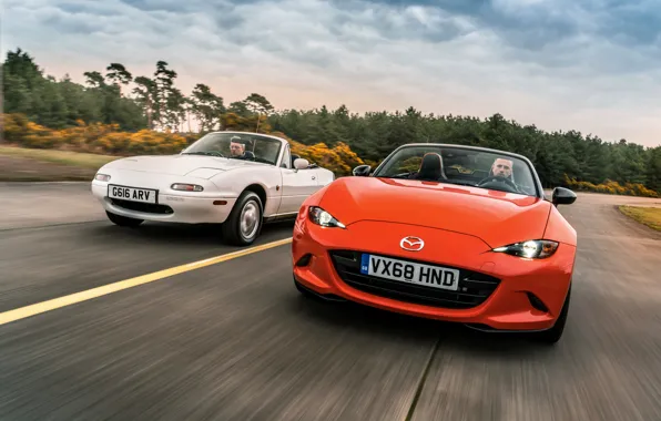 Картинка белый, оранжевый, Mazda, MX-5, родстеры, первое поколение (NA), четвёртое поколение (ND)