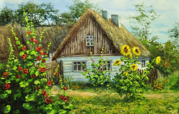 Картинка зелень, лето, цветы, дом, село, деревня