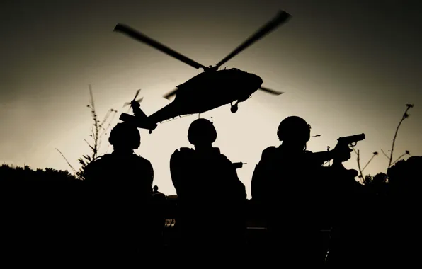 Картинка вертолет, солдаты, силуэты, спецназ, высадка, black hawk, МН-60К, ночи.