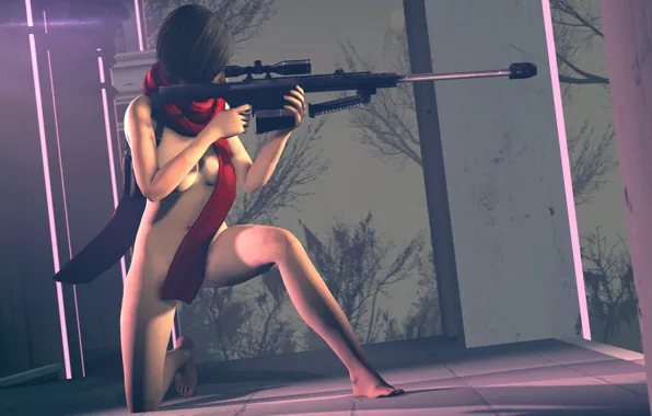 Грудь, оружие, женщина, голая, шарф, Resident Evil, sniper rifle, ada wong