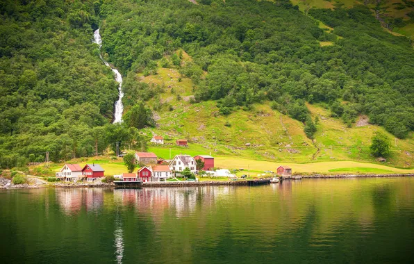 Река, берег, растительность, течение, гора, дома, склон, Норвегия