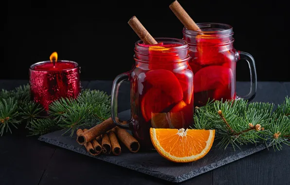 Ветки, свеча, апельсины, Рождество, Новый год, банки, напиток, кружки