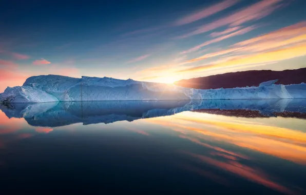 Картинка море, восход, рассвет, айсберг, Гренландия