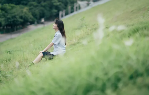 Grass, Beautiful, Asian, Model, Smile, Woman, Pretty, Uniform