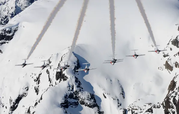 Картинка снег, горы, самолеты, полёт, Canadair, тренировочные, CT-114 Tutor