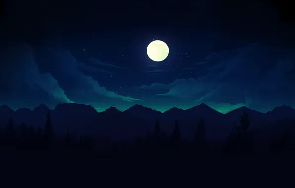 Горы, Ночь, Звезды, Игра, Луна, Лес, Вид, Холмы