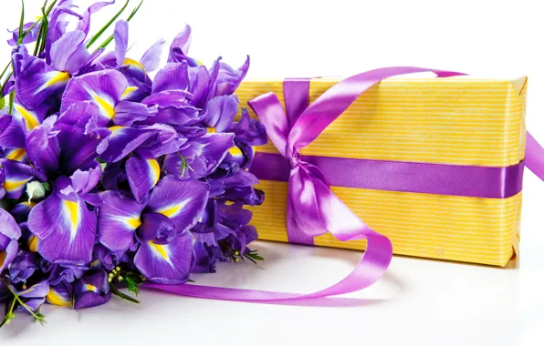 Цветы, коробка, подарок, букет, лента, бант, ирисы, gift