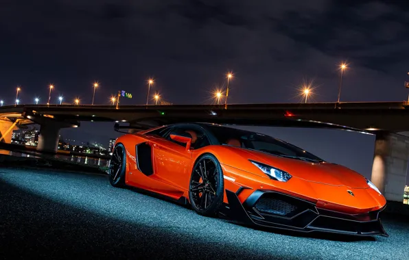 Lamborghini, Orange, Bridge, Lights, Night, Aventador, VAG