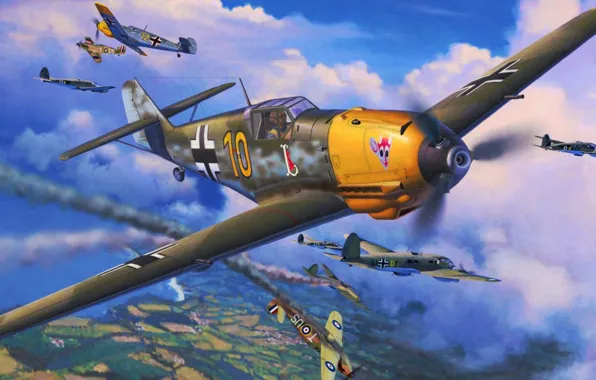 War, art, airplane, painting, aviation, ww2, Messerschmitt Bf 109 E-4